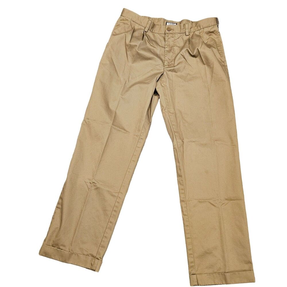 IZOD Men's Khaki Chino Pants Stretch Waist Cuffed Bottom Size 34X32 Casual Dress